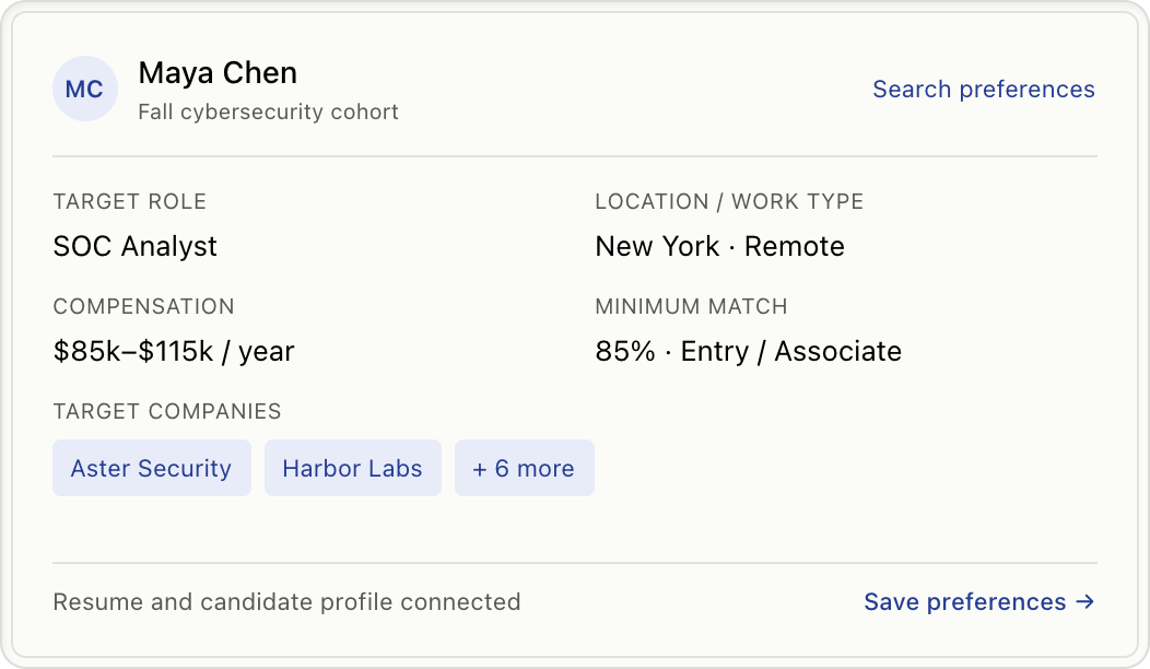 Candidate search preferences for Maya Chen, including role, location, compensation, and target companies.